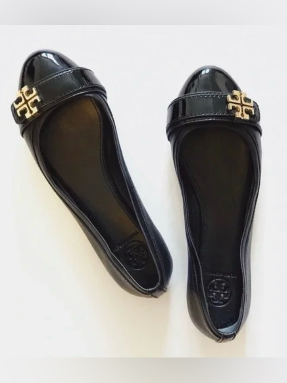 Tory Burch Eloise Black Patent Leather Logo Ballet Flats size 8.5 with dust bag